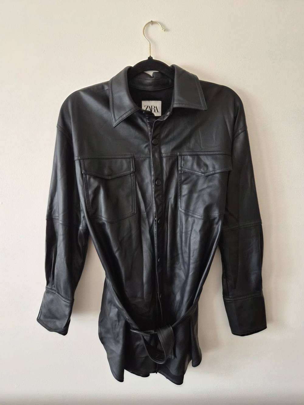 ZARA Black Faux Leather Shirt Jacket with Waist Tie Belt